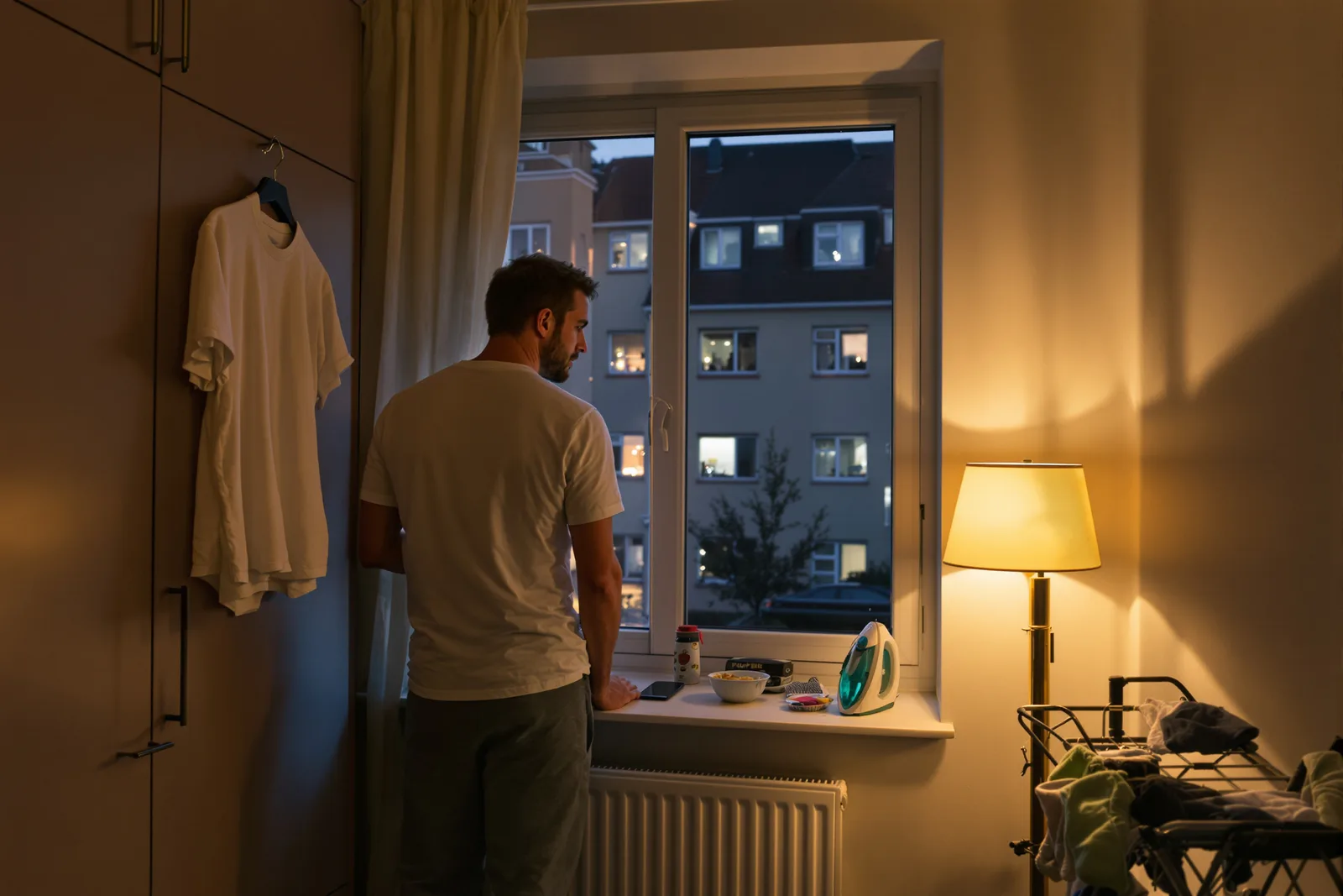 Man standing thoughtfully at a window in the evening beside laundry and an iron, feeling Sunday night anxiety