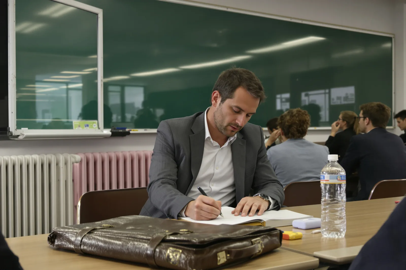 Man in a blazer taking notes in a seminar room, learning how to reinvent yourself professionally at 50