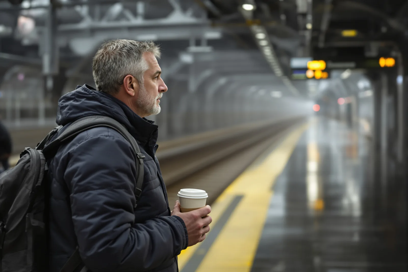 Man standing on a train platform looking into the distance, a symbol of being scared to leave your job for a new one