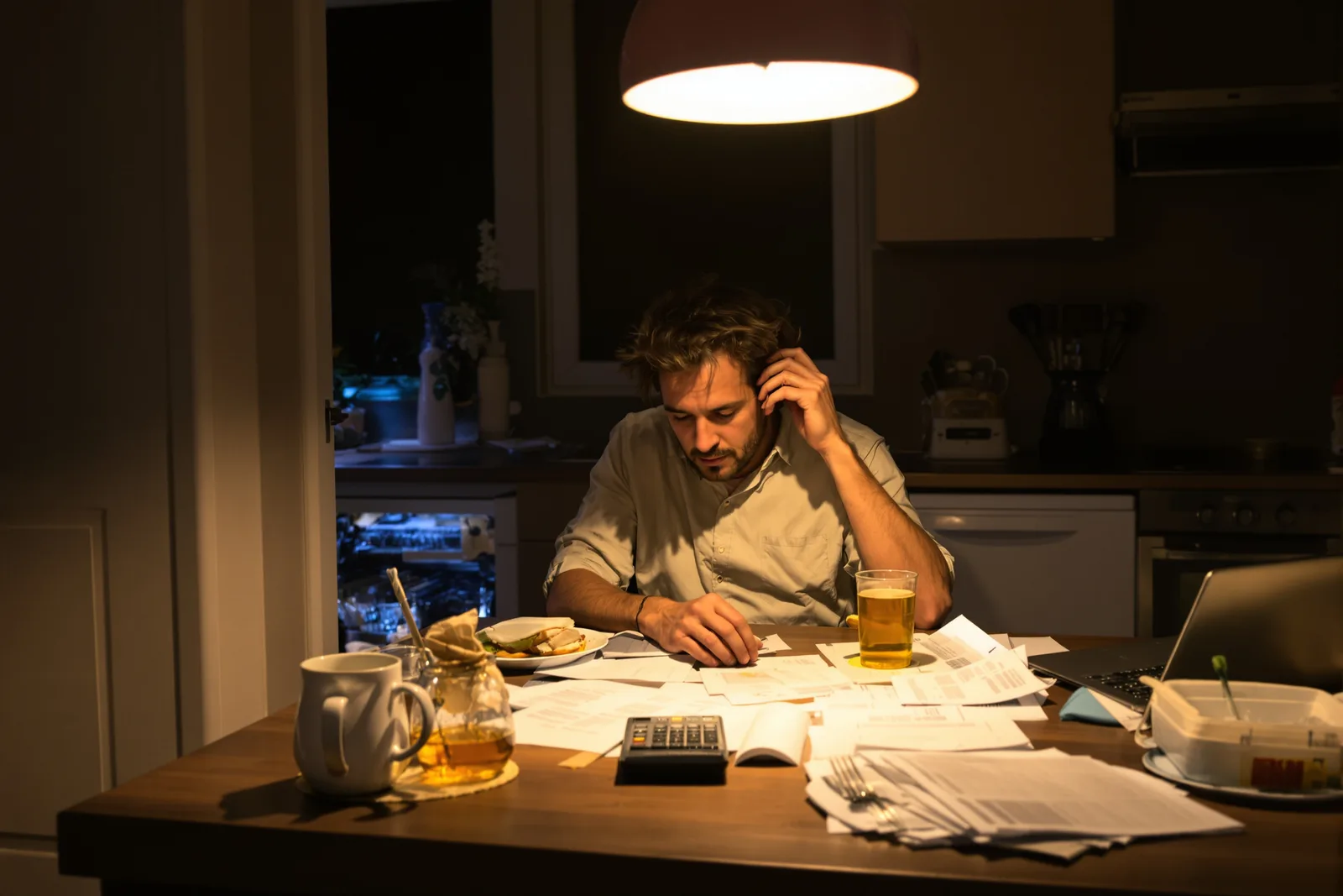 Man bent over papers at a kitchen table at night: the last-minute mode behind stress when you have a deadline