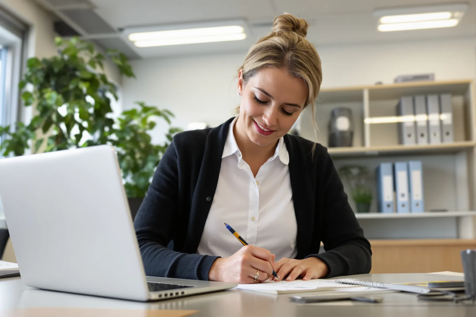 Woman taking handwritten notes at her office desk as a first step toward finding fulfillment at work