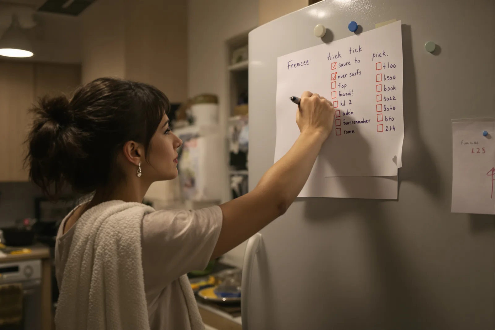 Woman marking off the day on her paper habit tracker on the kitchen wall in the evening