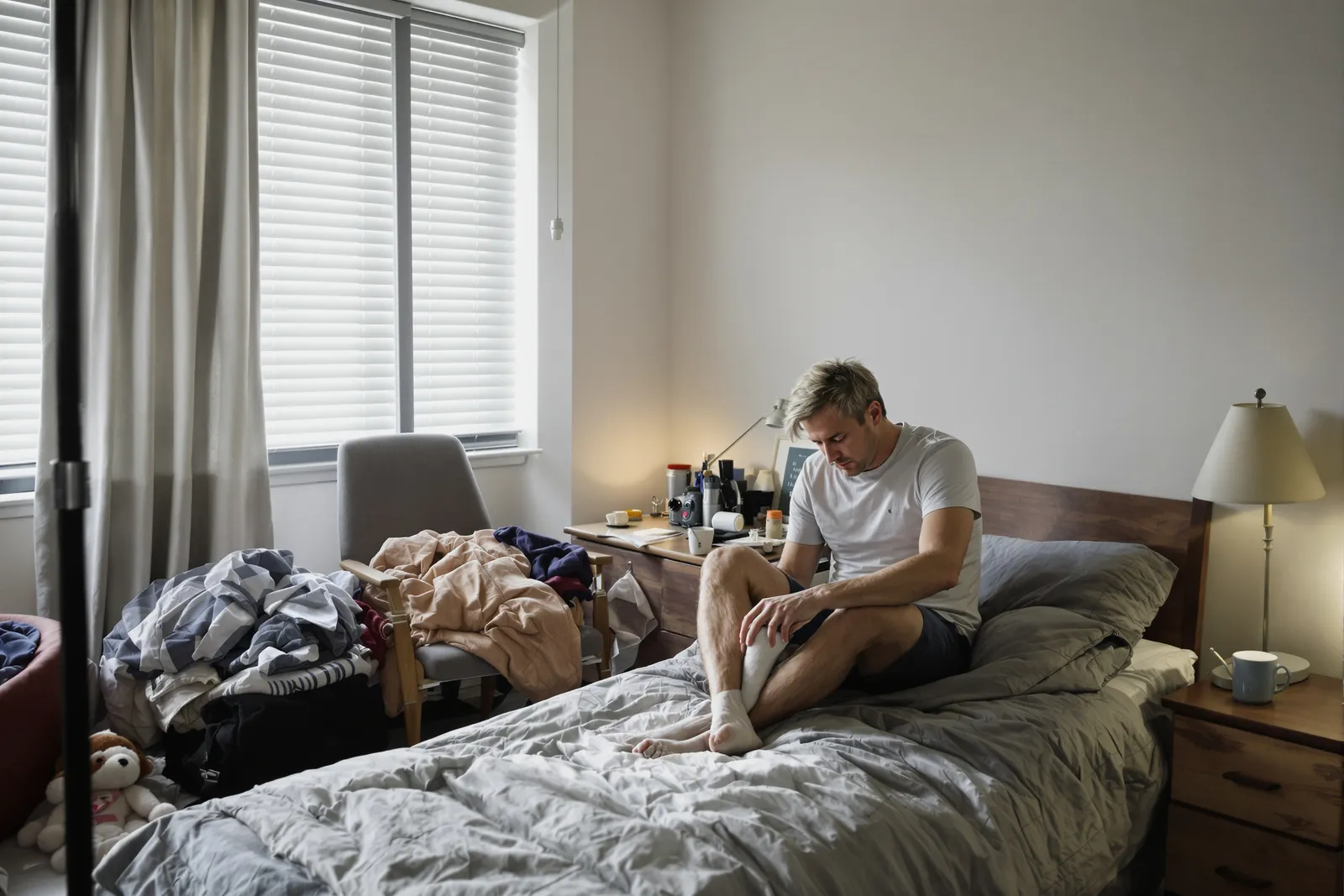 Mann sitzt morgens auf dem Bett und zieht Socken an: Die Morgenroutine beginnt mit kleinen Schritten