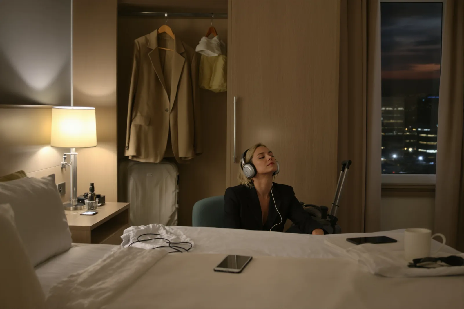 Frau im Blazer sitzt abends im Hotelzimmer mit Kopfhörern und geschlossenen Augen, Performance-Hypnose vor dem Termin