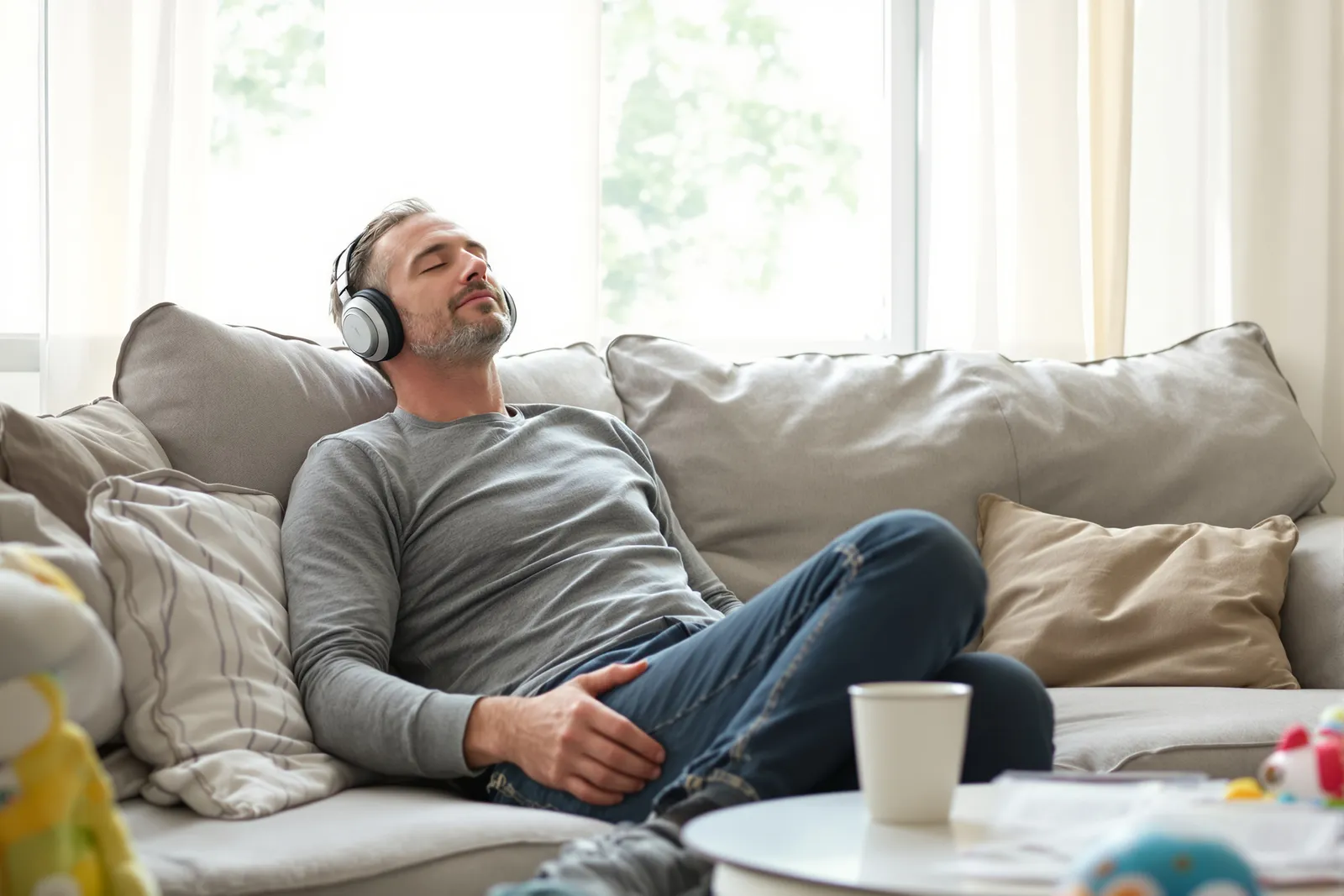 Man with headphones relaxing on a sofa during the day, listening to a hypnosis recording based on how hypnosis works