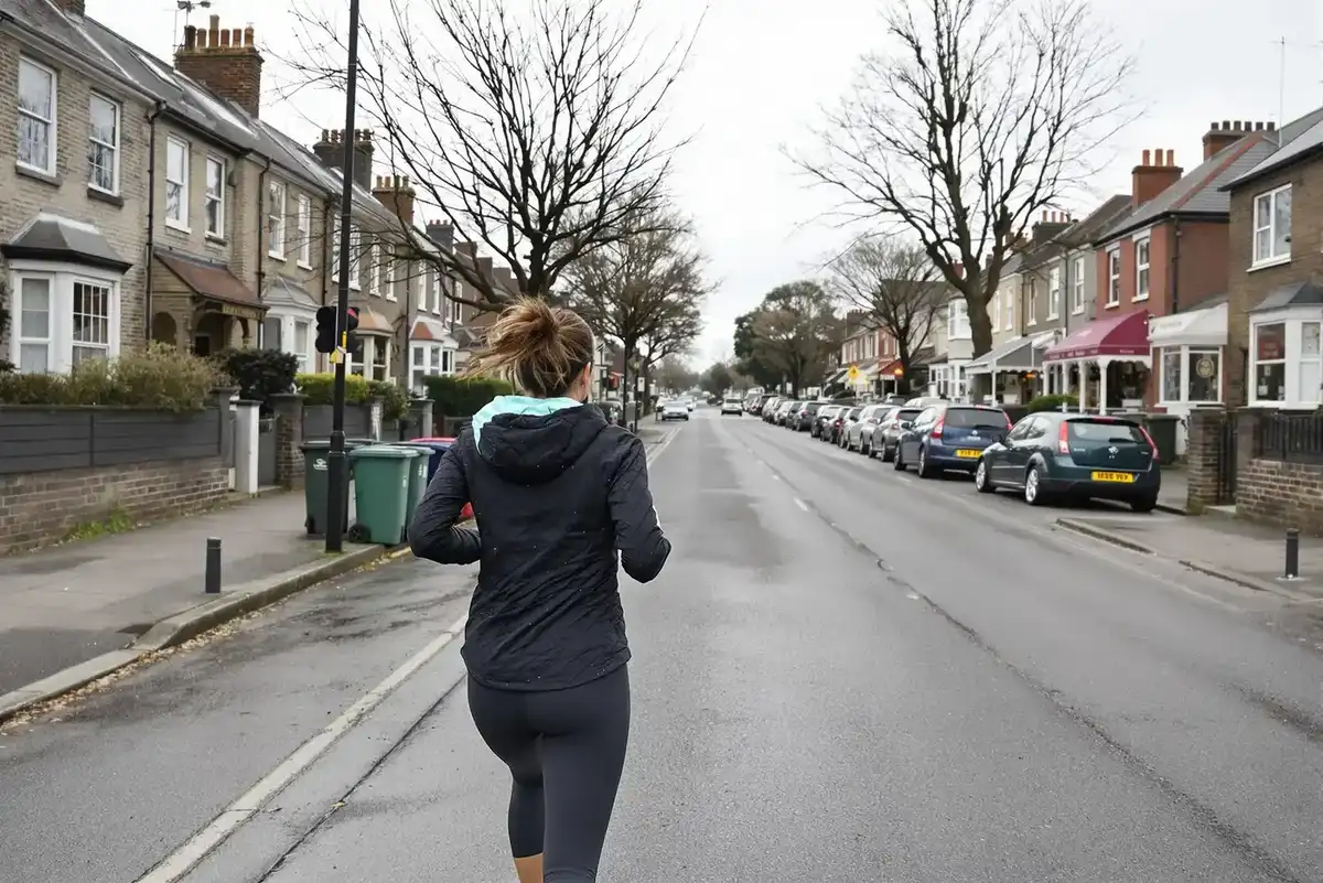 Joggerin läuft von hinten gesehen eine graue Wohnstraße entlang. Wie lange dauert Gewohnheitsbildung im Alltag?
