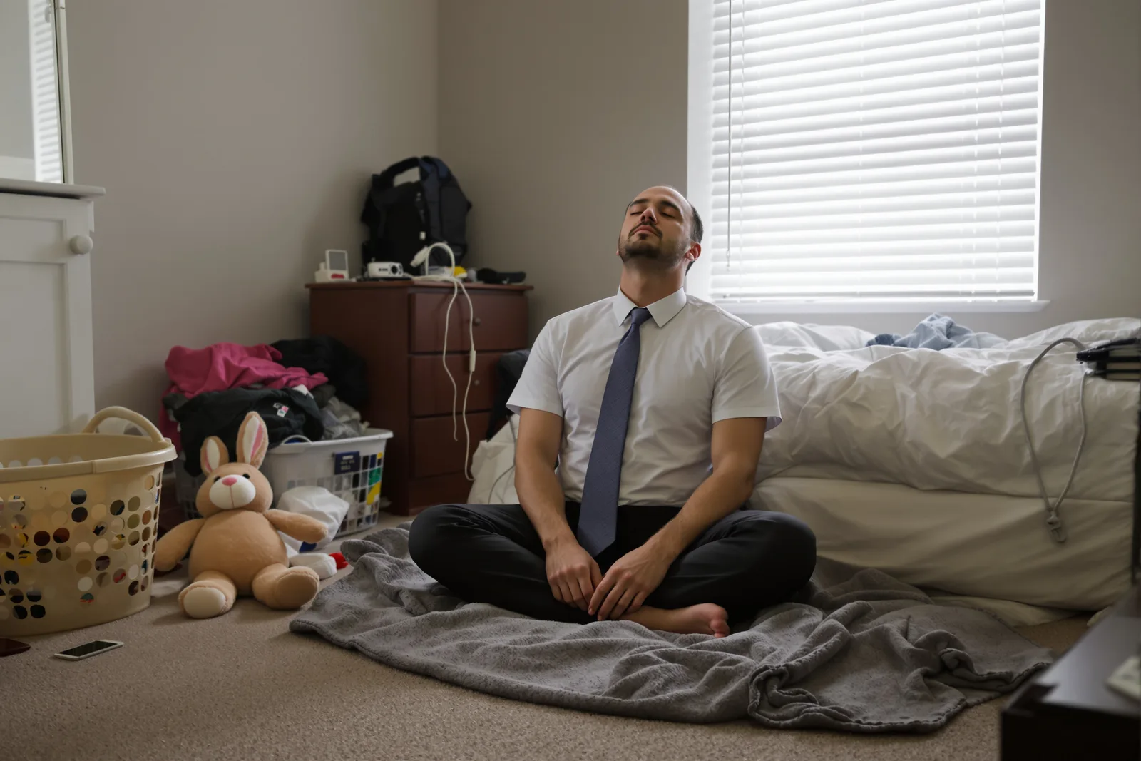 Man in shirt and tie sitting on the bedroom floor with his eyes closed: a short routine to help a new habit stick