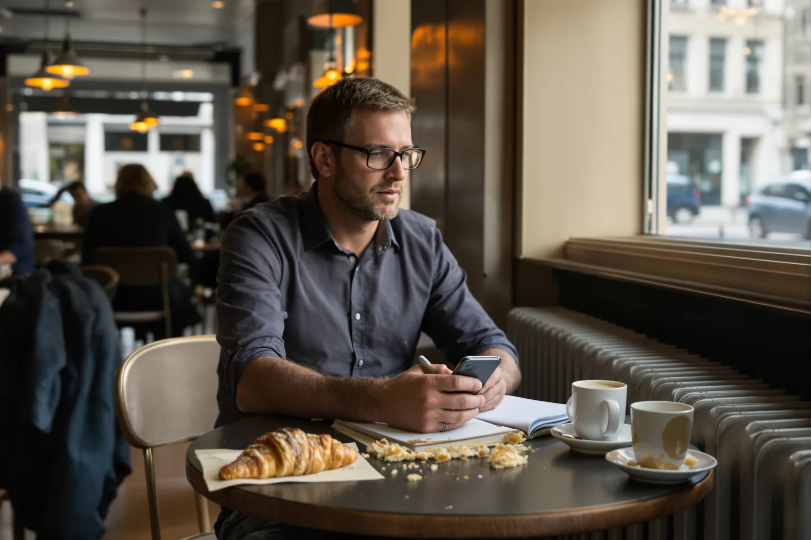 Mann im Café hält das Smartphone in der Hand und schaut aus dem Fenster – der Moment, in dem Handy-Ablenkung beginnt