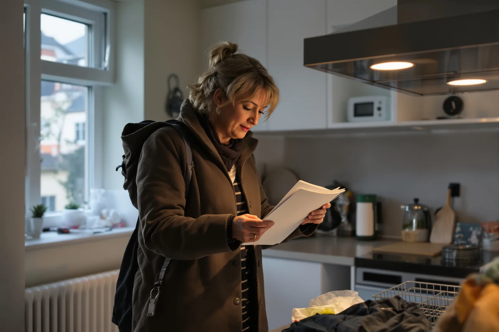 Woman in a coat reading notes in the kitchen before heading out: small steps to find motivation when you have none