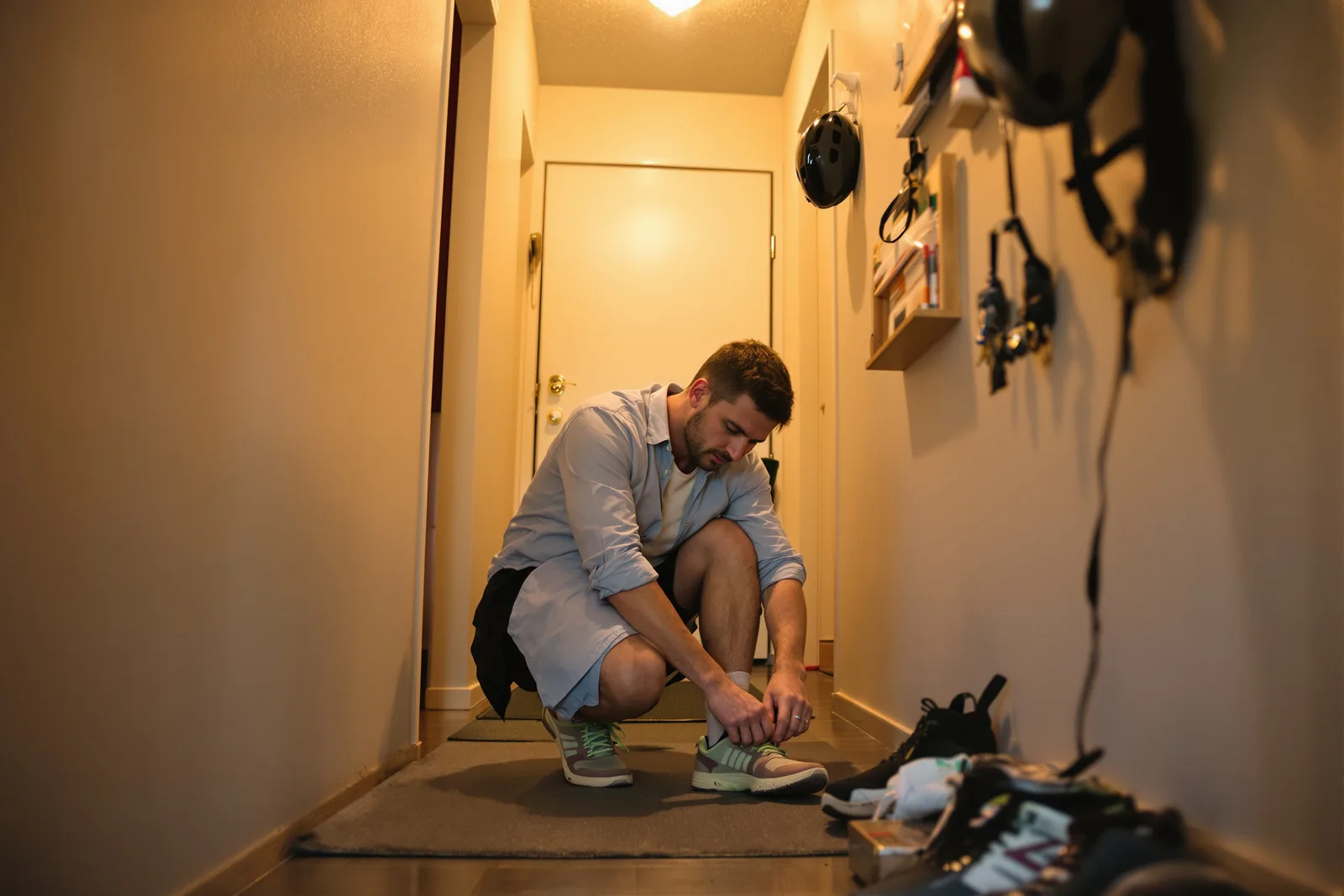 Man tying his trainers in the hallway for an evening walk: a transition ritual to stop thinking about work after work