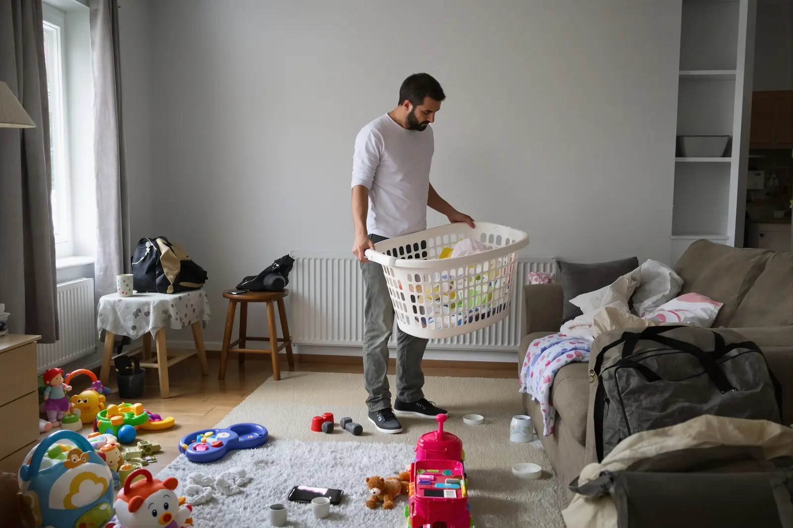 Mann hält im unaufgeräumten Wohnzimmer mit Wäschekorb inne: kurzer Stopp bei Überforderung im Alltag