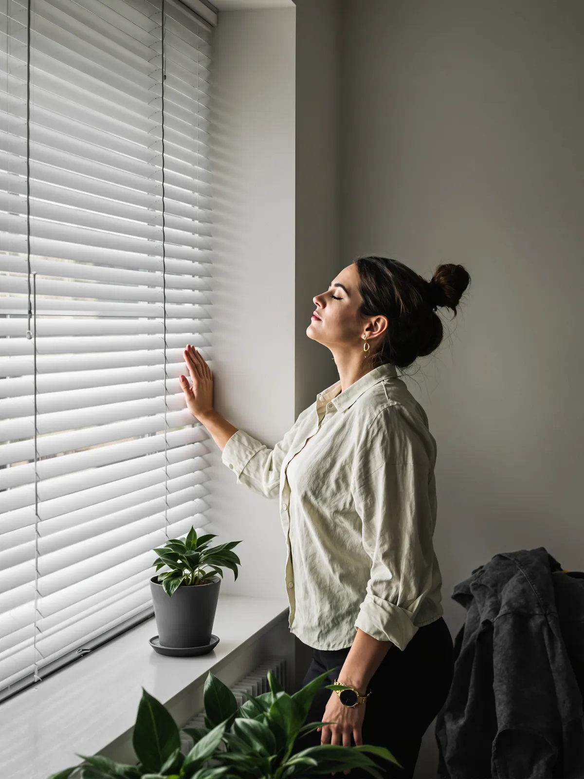 A businesswoman takes a breath at the office window before the negotiation starts