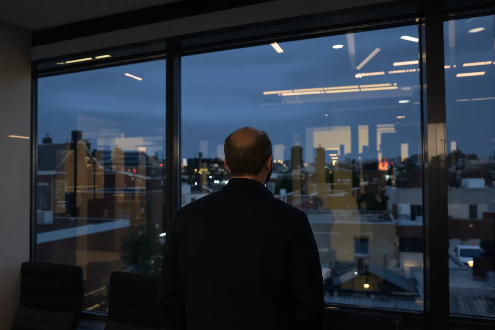 A founder stands at the window of an empty meeting room in the evening