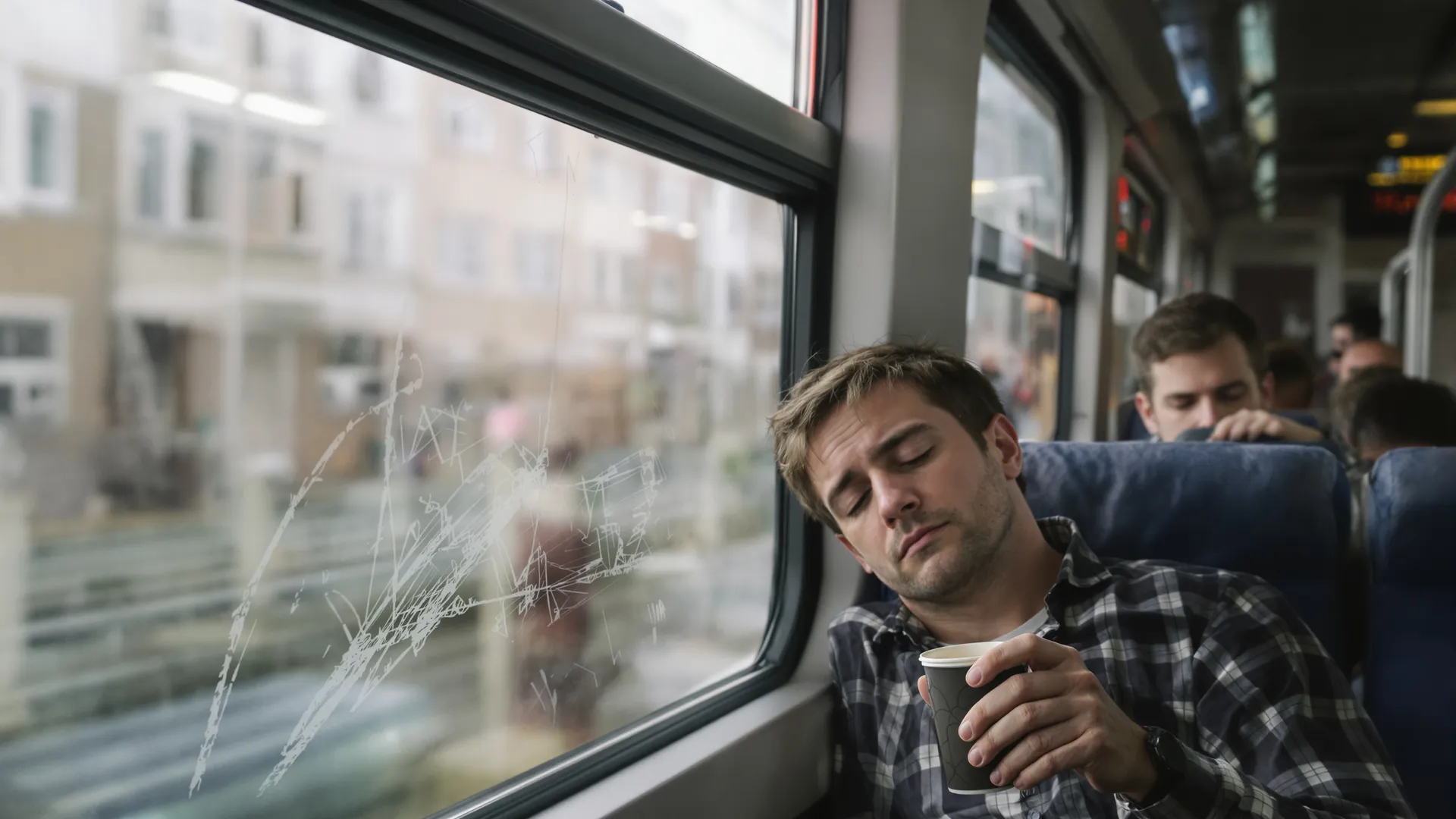A tired commuter rests his head against the train window early on a Monday morning